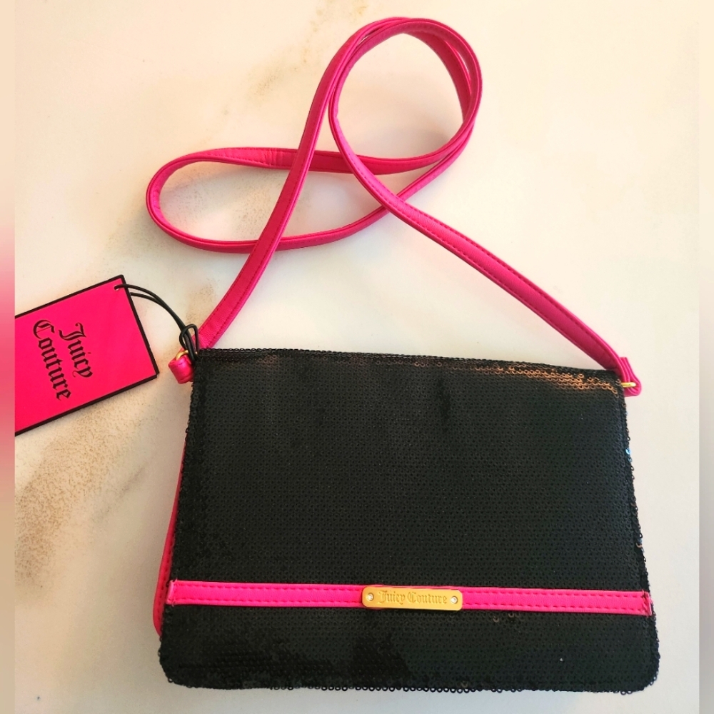 Juicy Couture Hot Pink & Black Sequin Crossbody Bag. New!